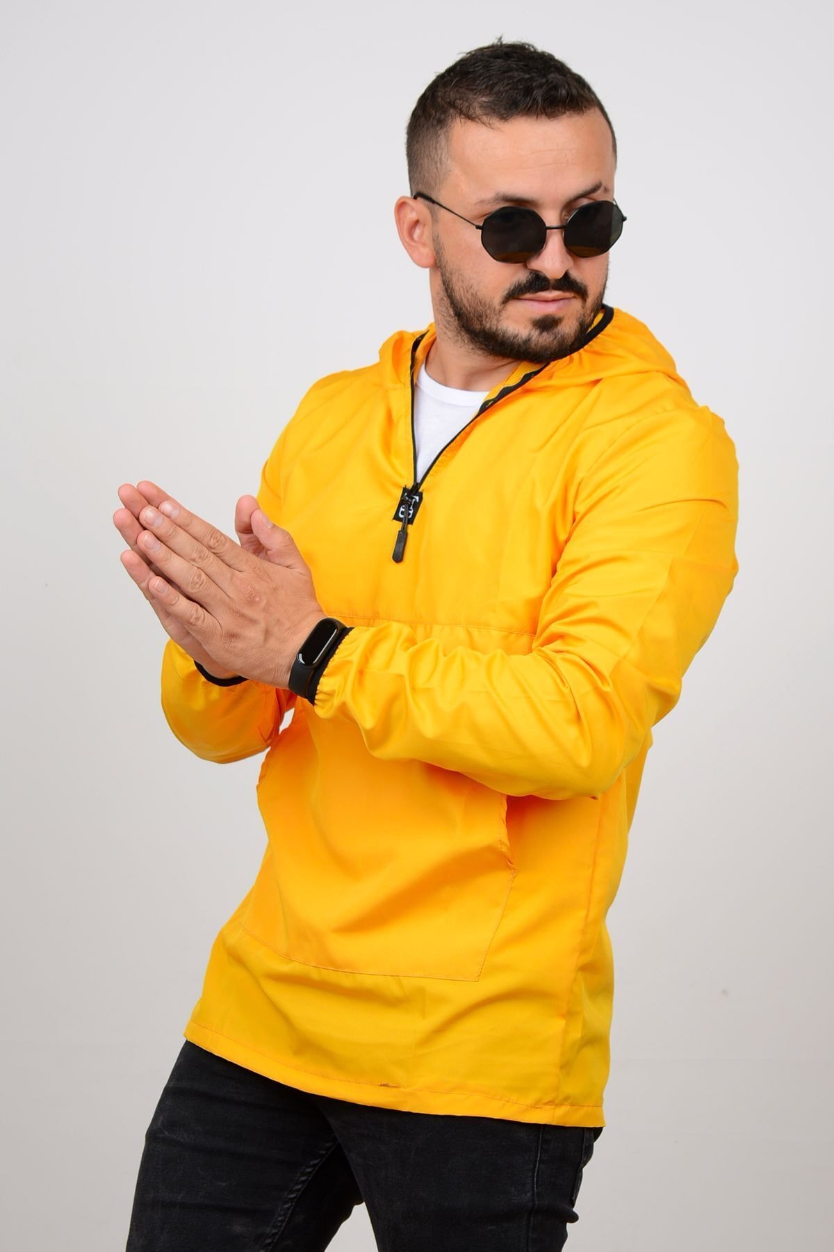 Edwox Erkek Kanguru Cepli Kapüşonlu Sarı Yağmurluk 1004