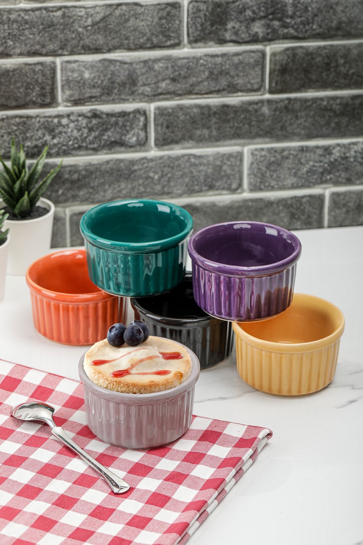 Cooker 6 Adet Sufle Kabı Seramik 6 'lı Suffle Kalıbı Renkli Fırın , Çerez , Yoğurt , Sütlaç Kabı 9x5.5 Cm