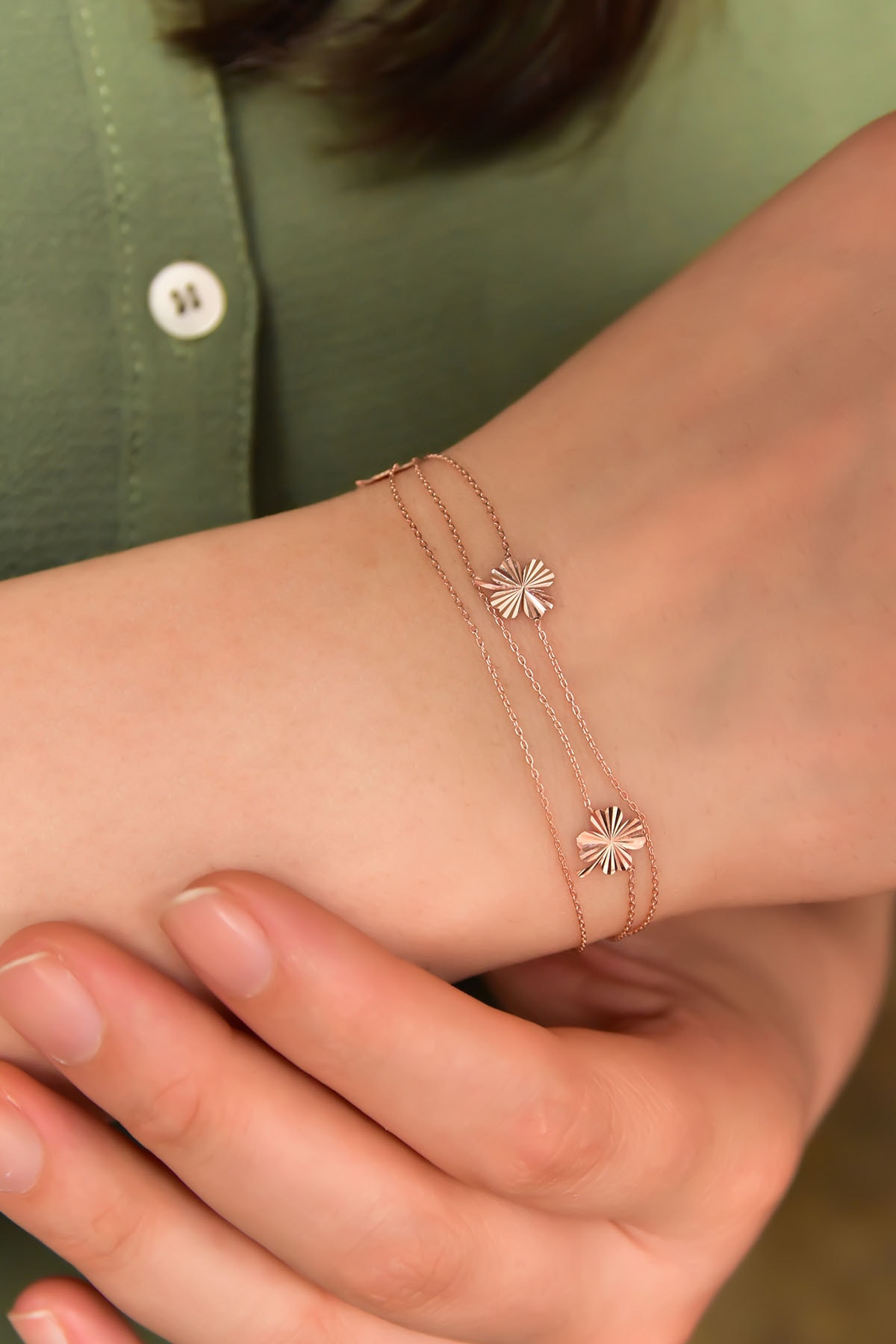 Elika Silver Kadın Rose Kaplama Üç Yonca Kristal Kesim Üç Zincir 925 Ayar Gümüş Bileklik