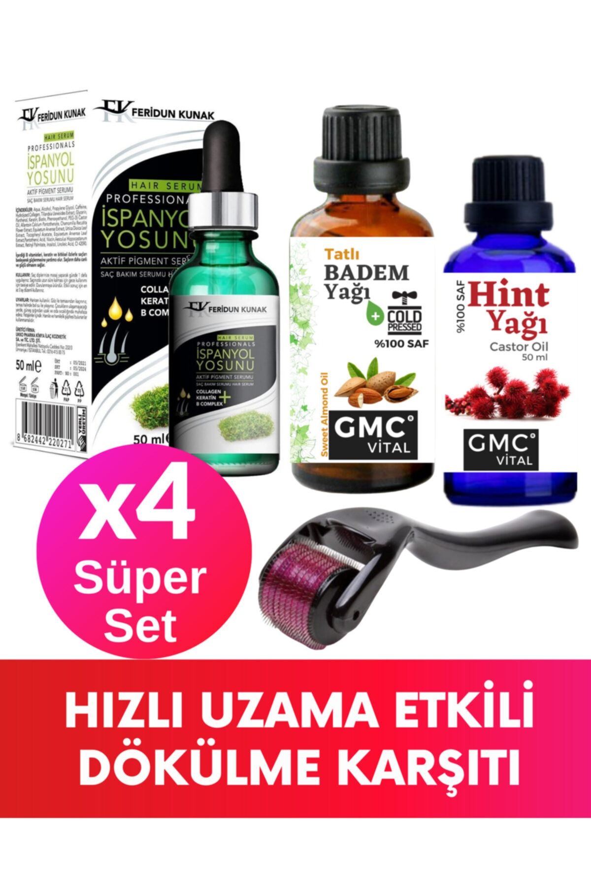 Gmc vital İspanyol Yosunu Hint Yağı Tatlı Badem Yağı Dermaroller Saç Dökülmesine Karşı Doğal Set