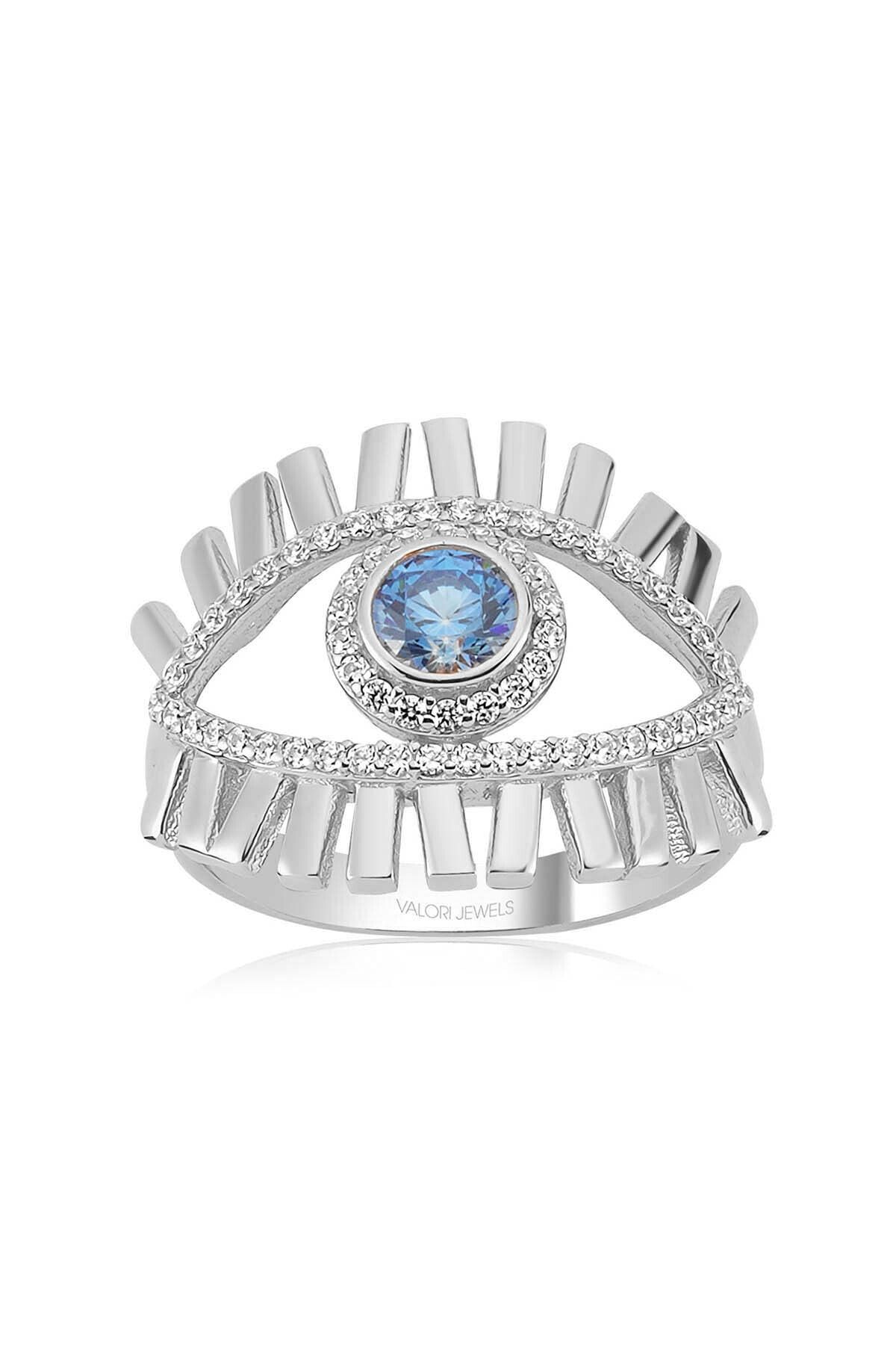 Valori Jewels Mavi Işık Nazar Gözü, Zirkon Mavi Ve Beyaz Taşlı, Gümüş Yüzük
