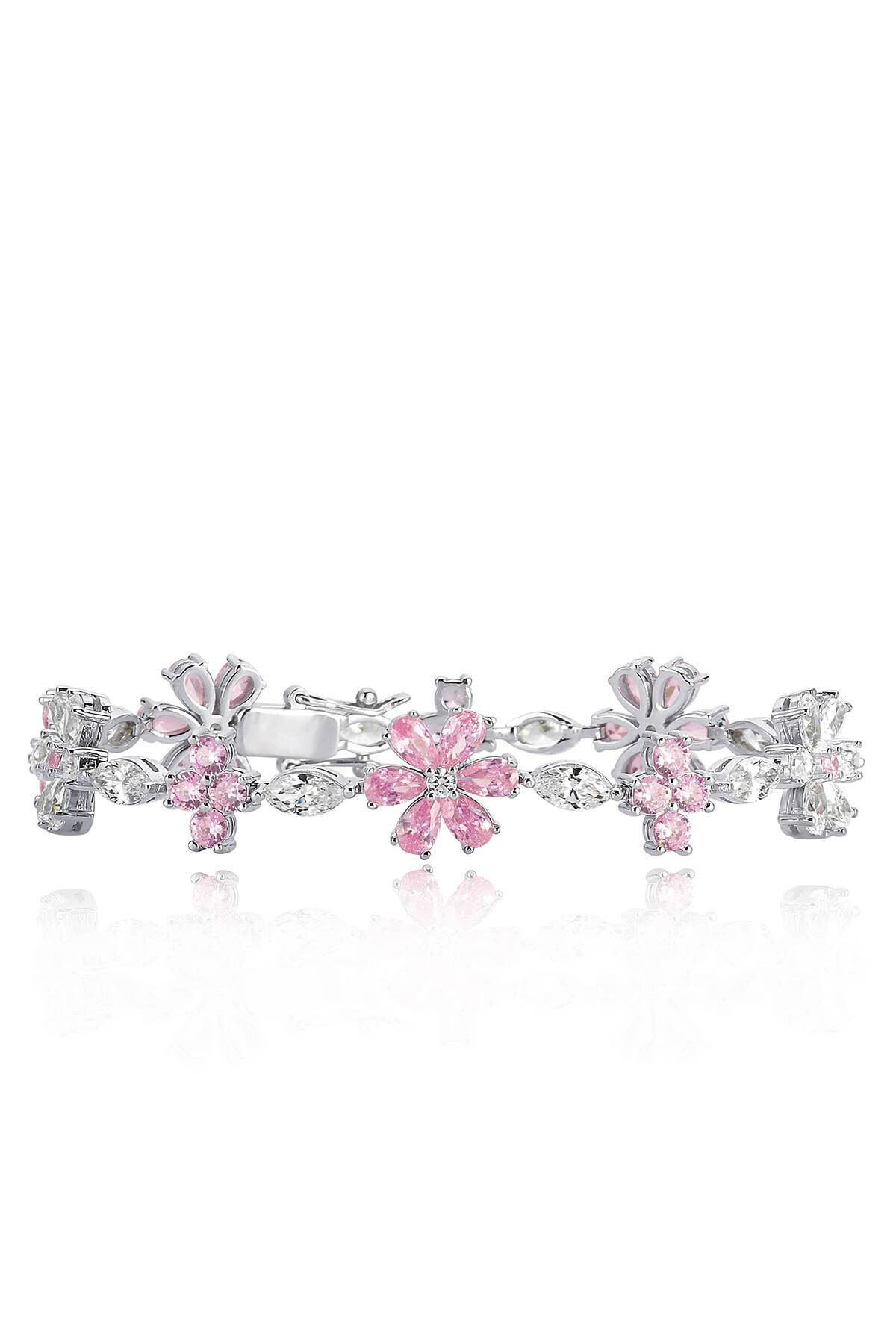 Valori Jewels 8 Karat Zirkon Pembe Ve Beyaz Taşlı, Unutma Beni Çiçek Gümüş Bileklik