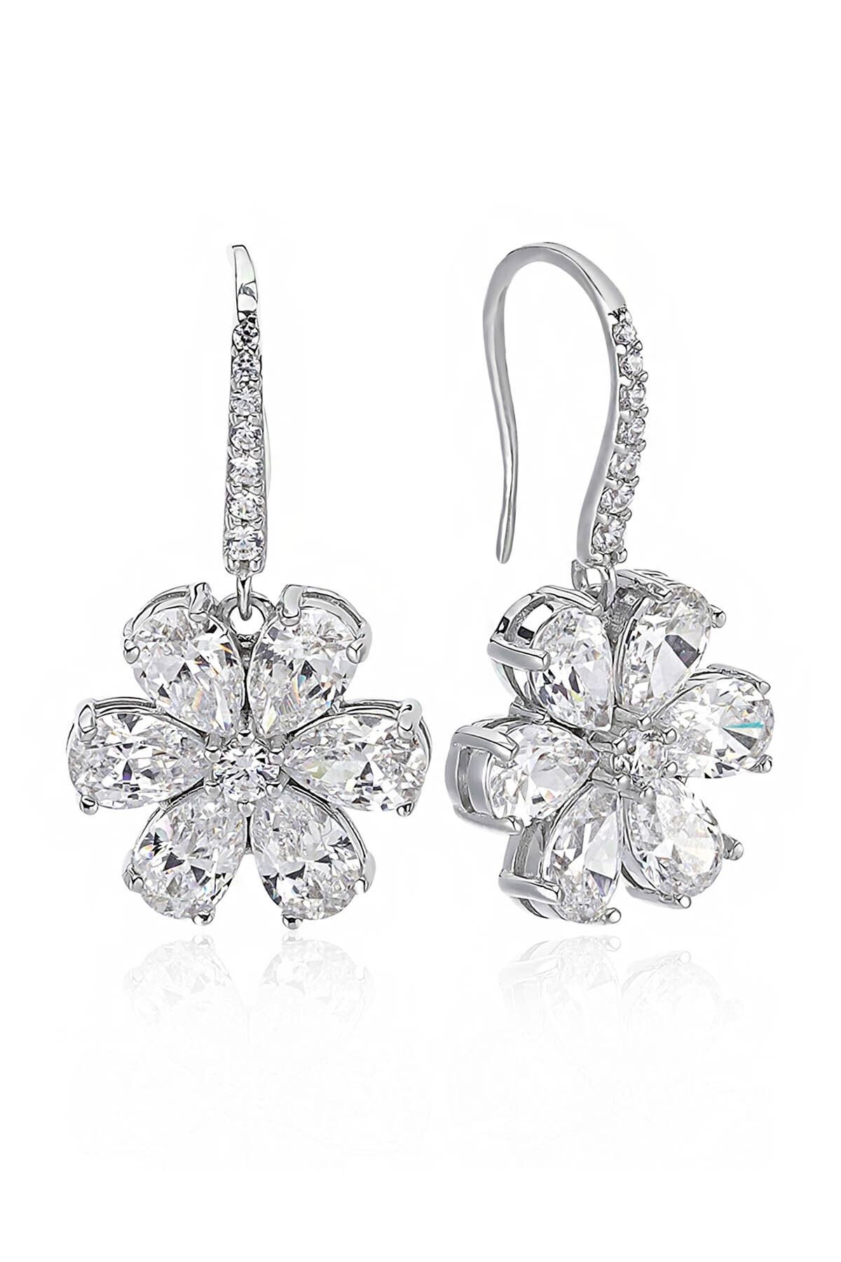 Valori Jewels 4 Karat Zirkon Beyaz Damla Taşlı, Manolya Çiçek Gümüş Kanca Küpe