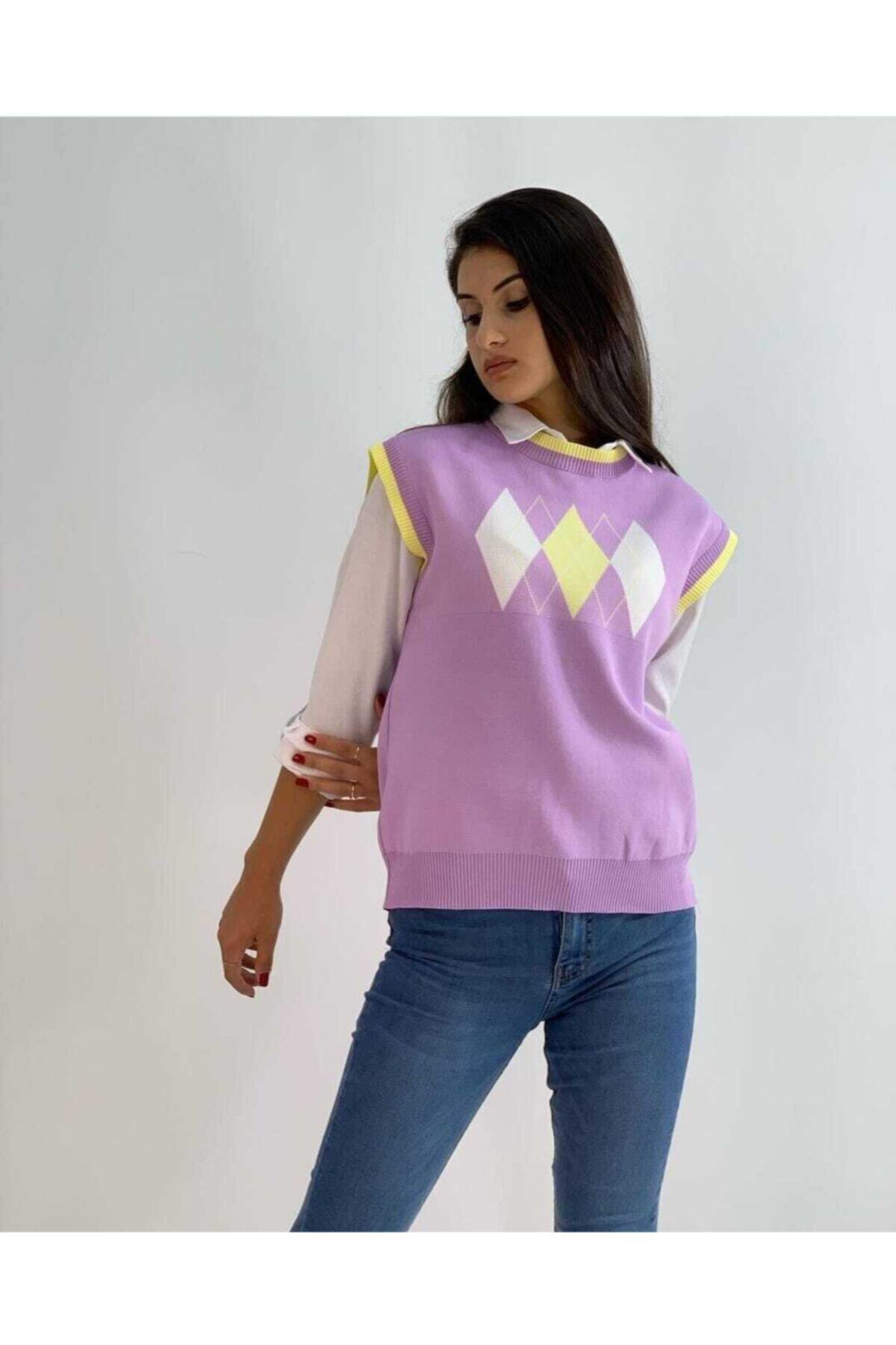 KASİDE Kadın Lila Baklava Desen Süveter