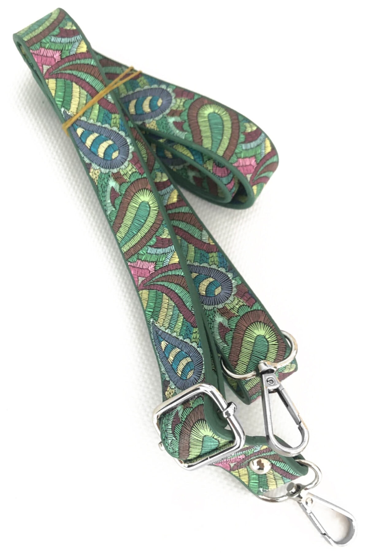 Alfa Tasarım Desenli Suni Deri Uzayabilir Çanta Sapı (120 CM) / Gümüş Aksesuarlı - Doğa Zentangle Desen Yeşil