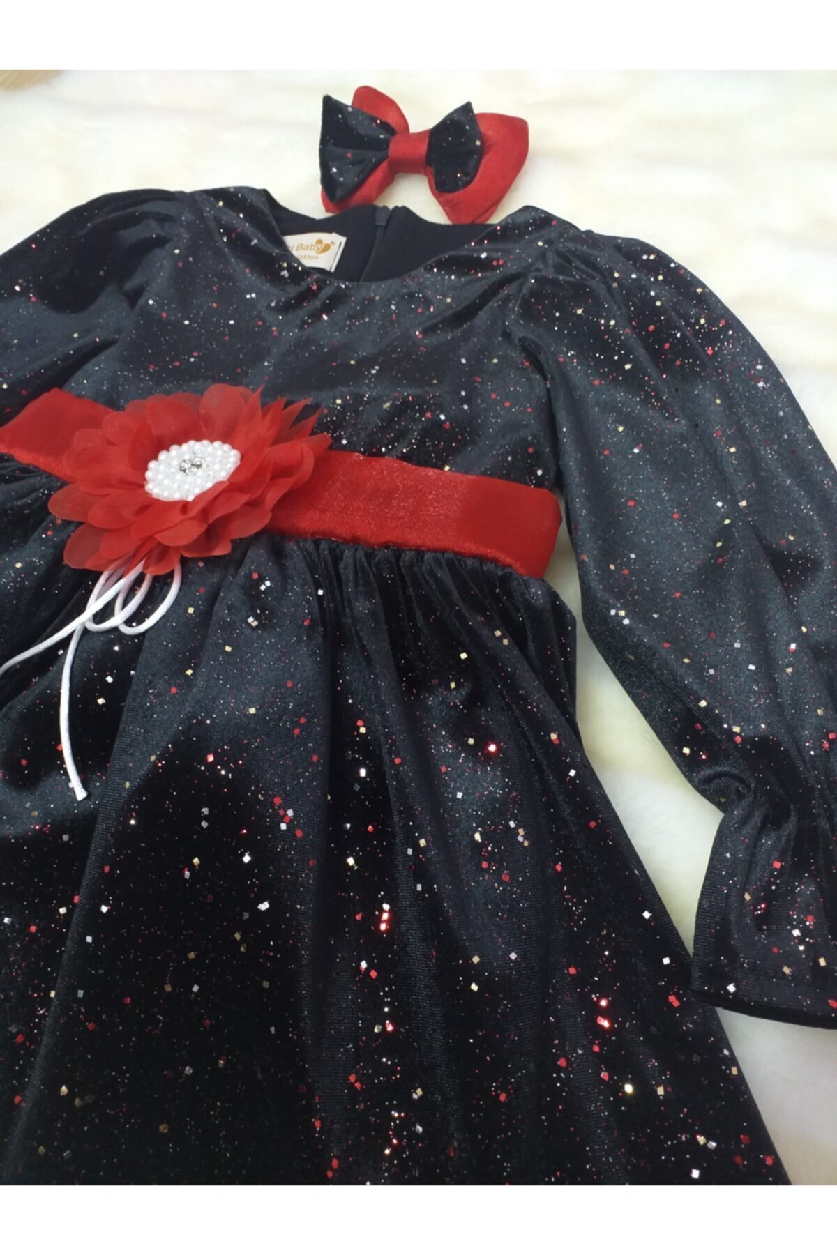 bicibaby Tasarım Pamuklu Simli Kadife Organze Detaylı Kız Bebek Özel Gün Elbisesi