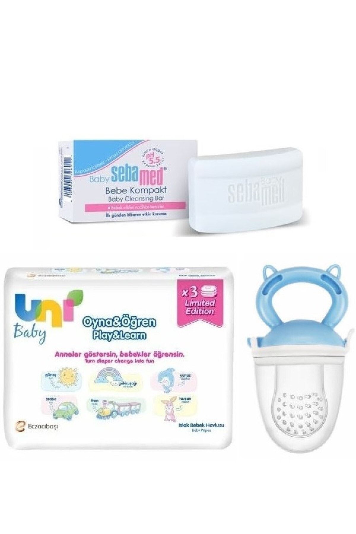 Uni Baby Oyna Öğren Mendil Seti 3lü Ve Bebek Sabunu Bebek Bakım Seti Ve Meyve Süzgeci Mavi