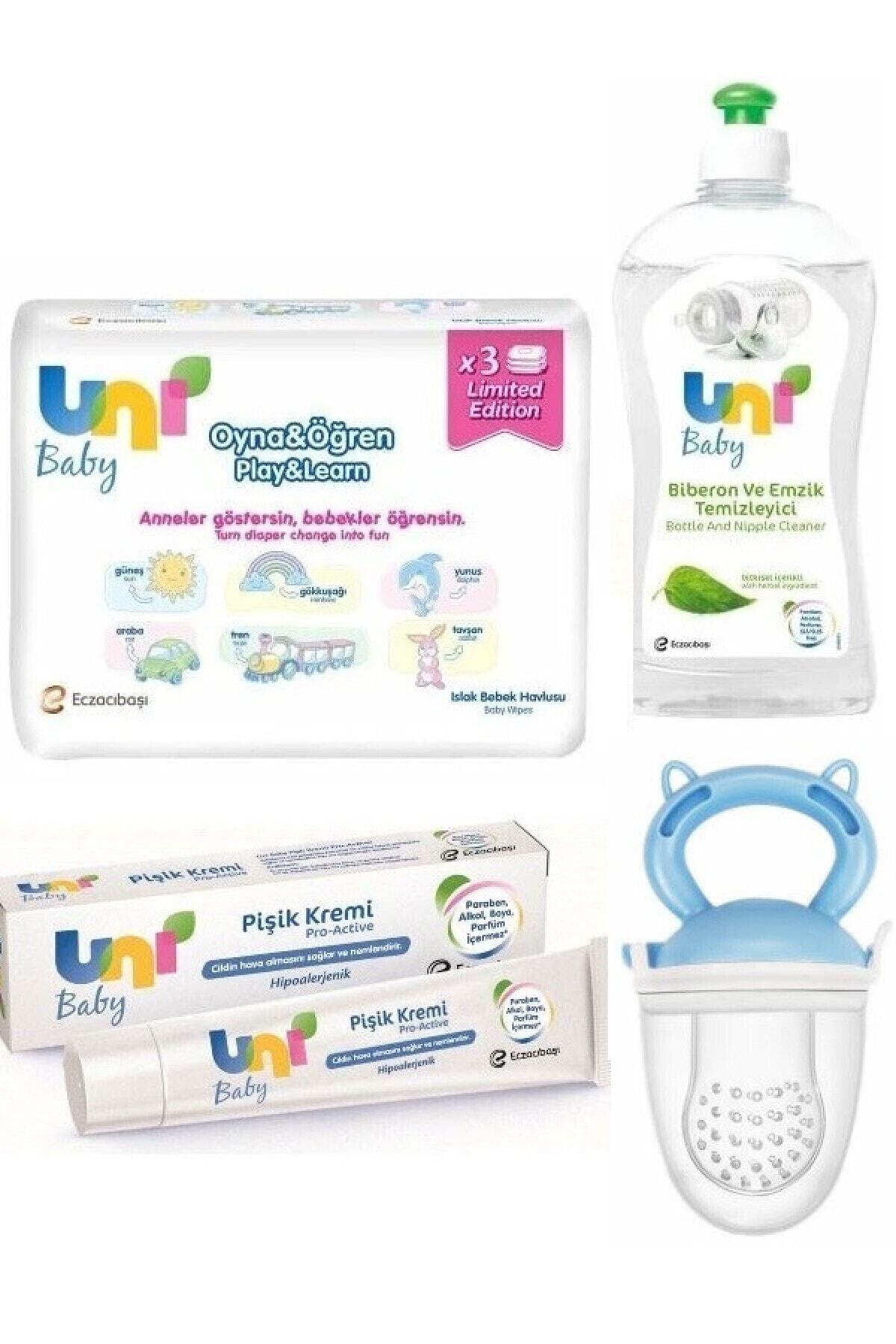 Uni Baby Oyna Öğren Mendil Seti 3 Lü+temizleyici 500 ml+ Pişik Kremi 30 Ml+ Meyve Süzgeci Mavi