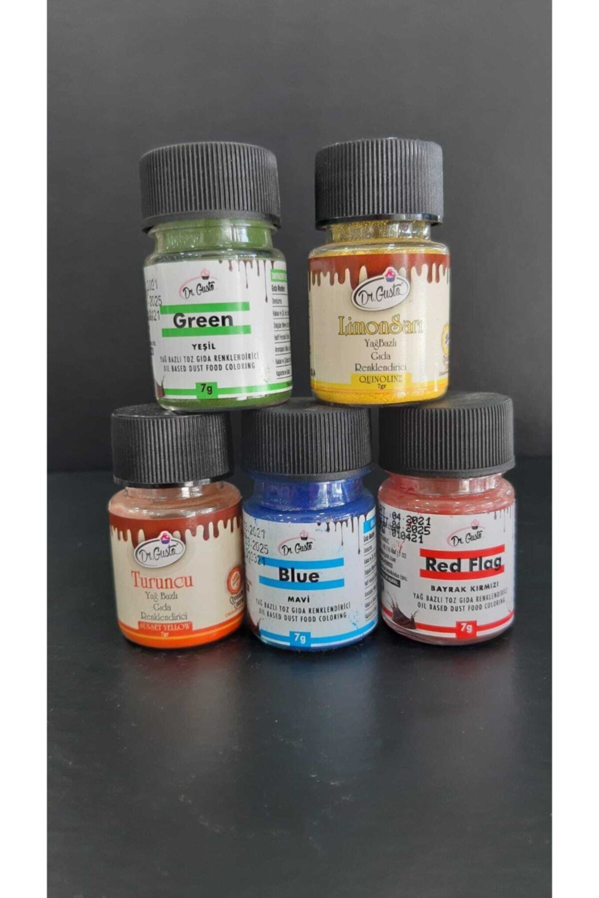 Dr. Gusto Dr Gusto Yağ Bazlı Toz Gıda Boya 5 Li Set Limon Sarı / Mavi / Bayrak Kırmızı / Turuncu / Yeşil 7gr