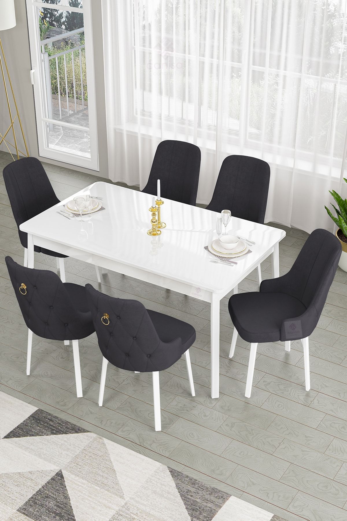 Canisa Concept Lav Serisi Sabit 80 X 130 , Kare Ayaklı Mutfak Masa Takımı Beyaz Masa+6 Siyah Sandalye