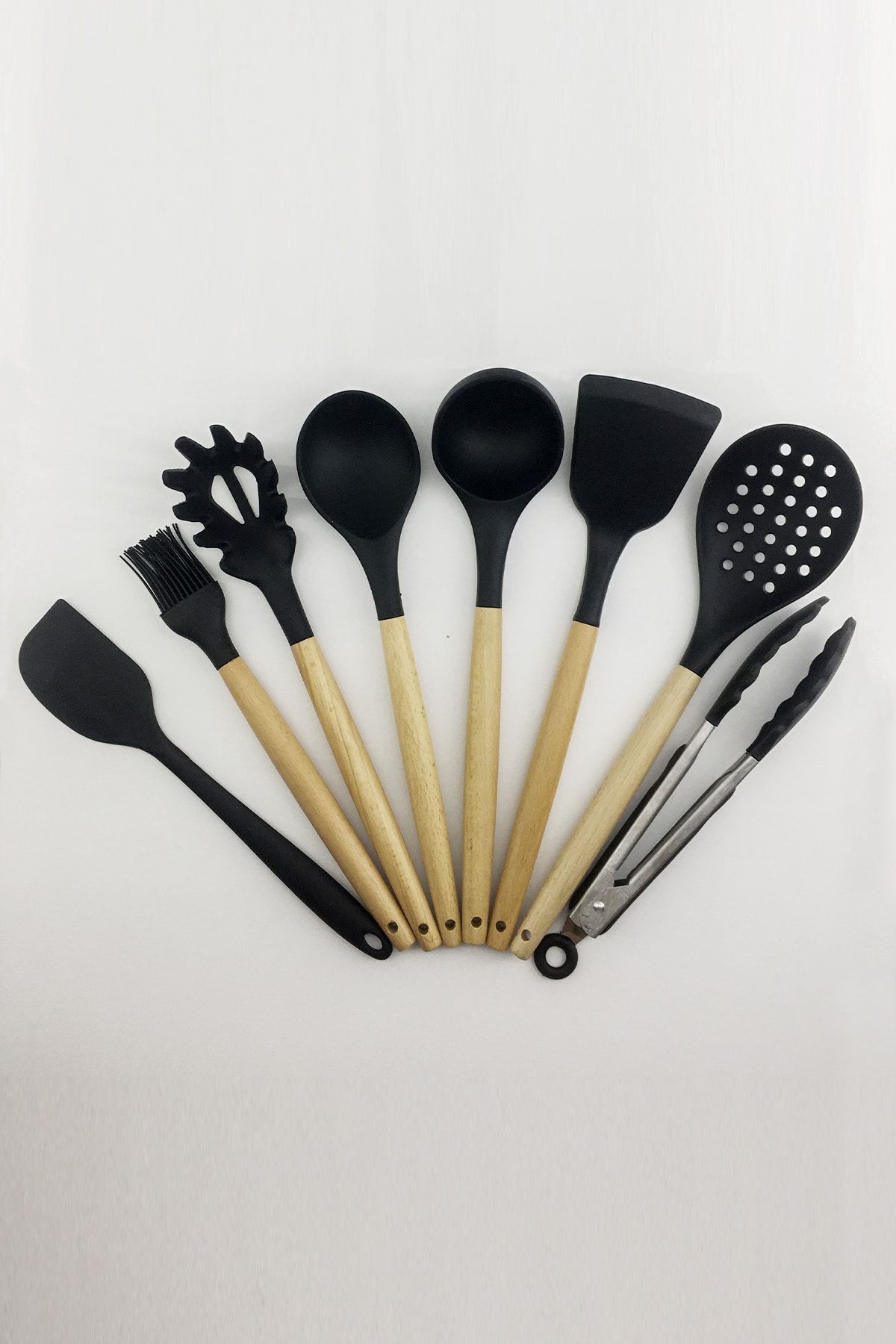 Rimmi Siyah Silikon Bambu Spatula Kevgir Kaşık Kepçe Fırça Makarna Salata Kaşığı Maşa 8'li Set
