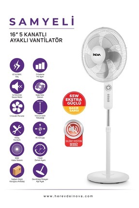 VANTİLATÖR İnova Samyeli 16inç 40 Cm 65 Watt Zaman Ayarlı 5 Pervane Ağırlıklı Ayaklı Lüks Serinletic Image 0