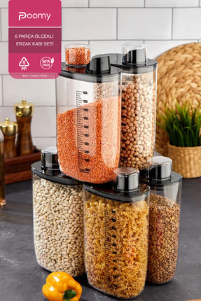 6'Lı Vakumlu Hava Geçirmez Ölçekli Siyah Saklama Kabı Seti - 2000 ML Ölçü Kapaklı Bakliyat Kabı Seti Image 0