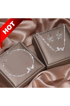 Kelebek Figürlü Taşlı 3’lü Takı Seti – Kolye, Küpe, Bileklik – SNGL ACCESSORIES Image 0