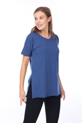 %100 Pamuk Kadın Lacivert V yaka yanı yırtmaçlı asimetrik penye pamuk örme T-shirt tişört tunik Image 0