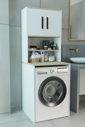 Çamaşır Makinesi Üstü Çok Amaçlı Banyo Dolabı Kapaklı ve Raflı, Depolama Alanı, Modern Tasarım Dolap Image 0