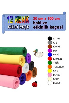 12 Adet 100 cm x 20 cm Hobi ve Etkinlik Keçesi 12 Farklı Renkte Image 0