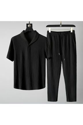 Bürümcük Krinkıl T-shirt Pantolon Takım - Siyah Regular Bebe Yaka Image 0