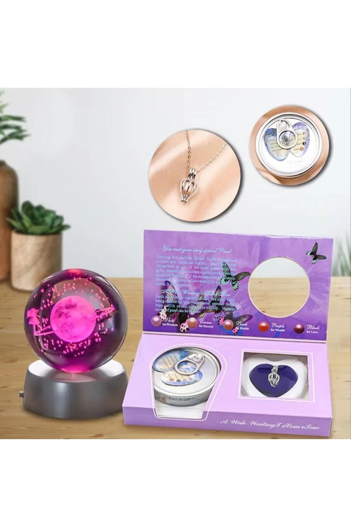 ست هدیه گردنبند صدف استیل Trnish و ست هدیه سه بعدی کهکشان راه شیری Saturn Girl Luminous Glass Globe