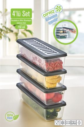 4'Lü Set Buzdolabı Organizer Mikrodalga ve Difrize Uygun Saklama Kabı 4 X 750 ml Image 0