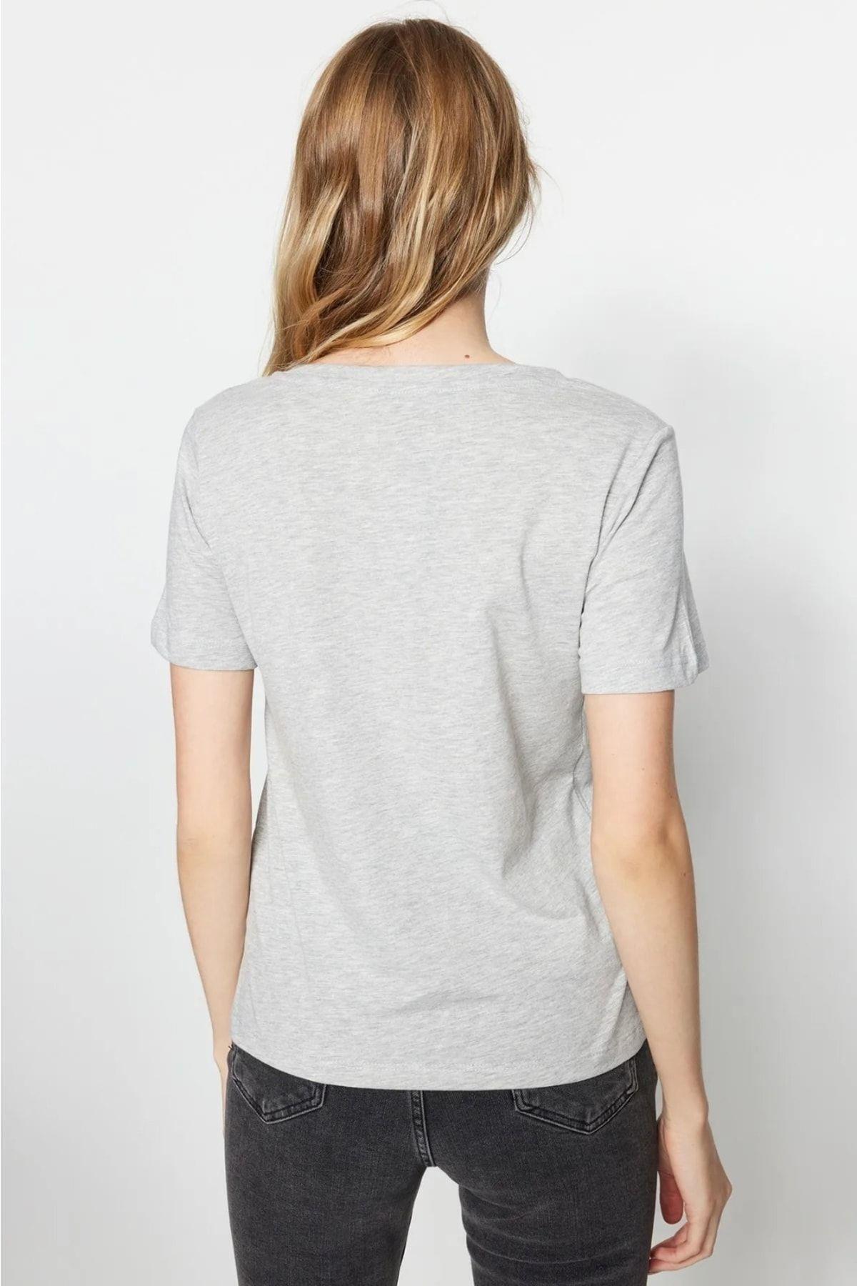 تی شرت زنانه یقه V یقه V با کیفیت فوق العاده نخی 100% پنبه ای ملانژ خاکستری تی شرت پنبه ای بافتنی