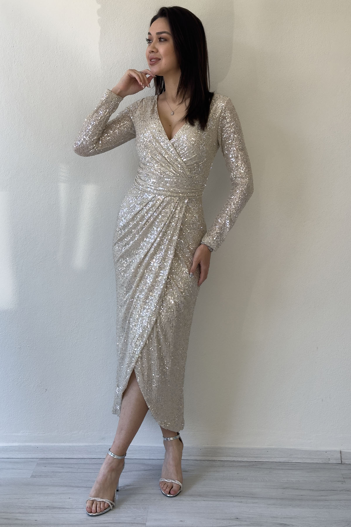 لباس شب یقه بلند طرح بژ زنانه یقه بلند سایز جدید فصل جدید