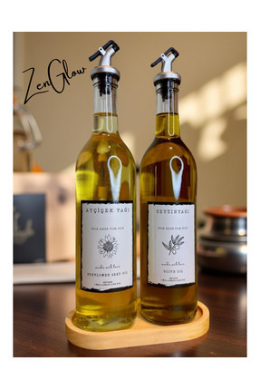 Lüx Şık 2'li Ahşap Standlı Şeffaf Cam Yağlık Yağdanlık Set 750 ml Image 0