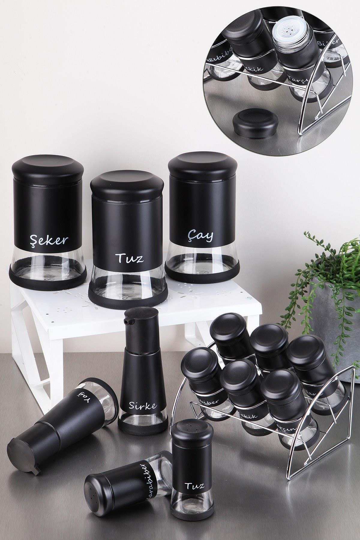 vipgross 13 Parça Gönül Metal Cam Baharat Seti Siyah