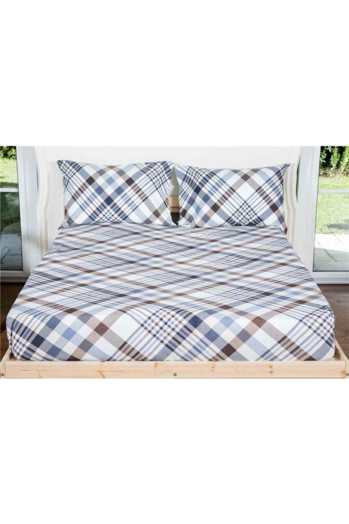 makiteks %100 Pamuk Pazen (flanel) 180x200 Battal Boy Lastikli Çarşaf Takımı Bej Ekose
