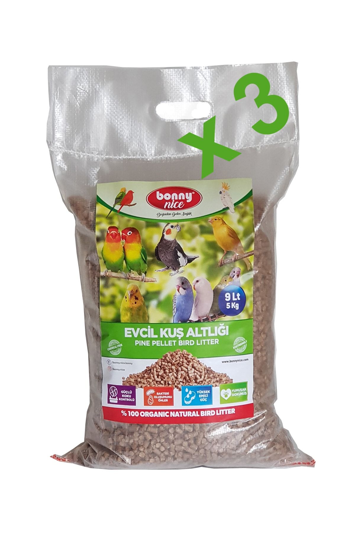 Bonny Nice Organik Çam Pelet Evcil Kuş Altlığı 5 Kg 9 L X 3 Paket 27 L