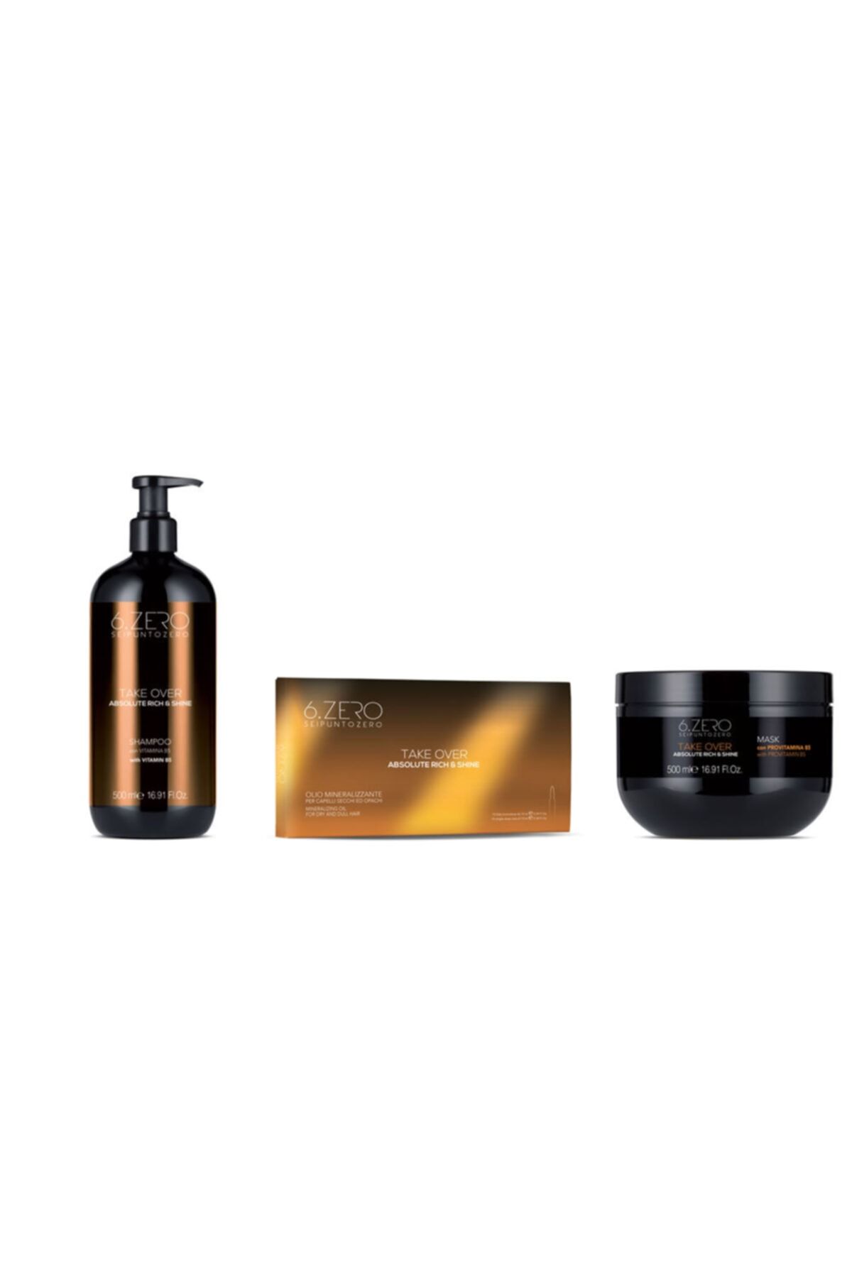 6.Zero Take Over Absolute Rich & Shine Kuru ve Mat Saçlar İçin Maske Şampuan ve Serum Seti