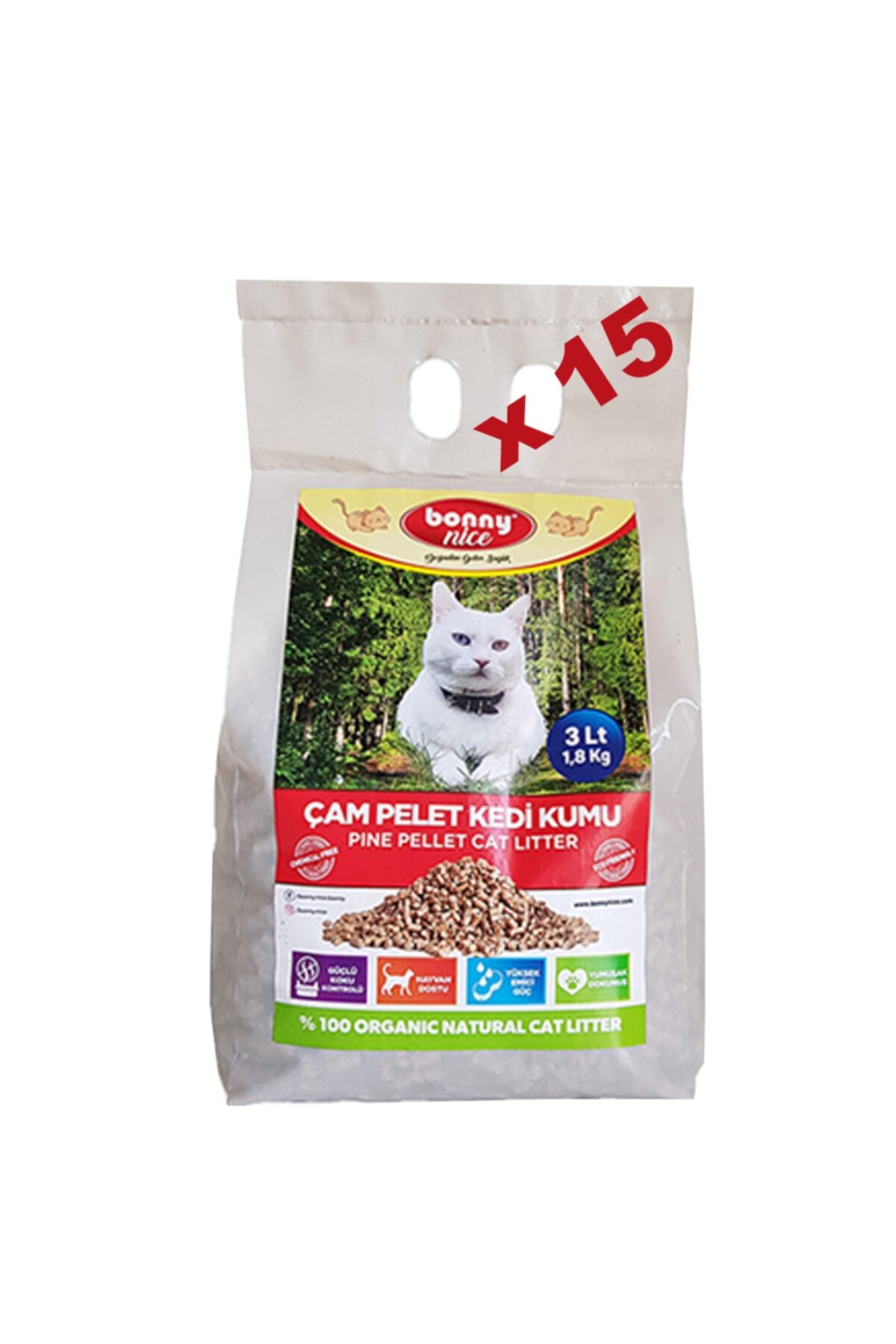 Bonny Nice Organik Kedi Kumu Çam Pellet 1.8 Kg 3 L X 15 Paket