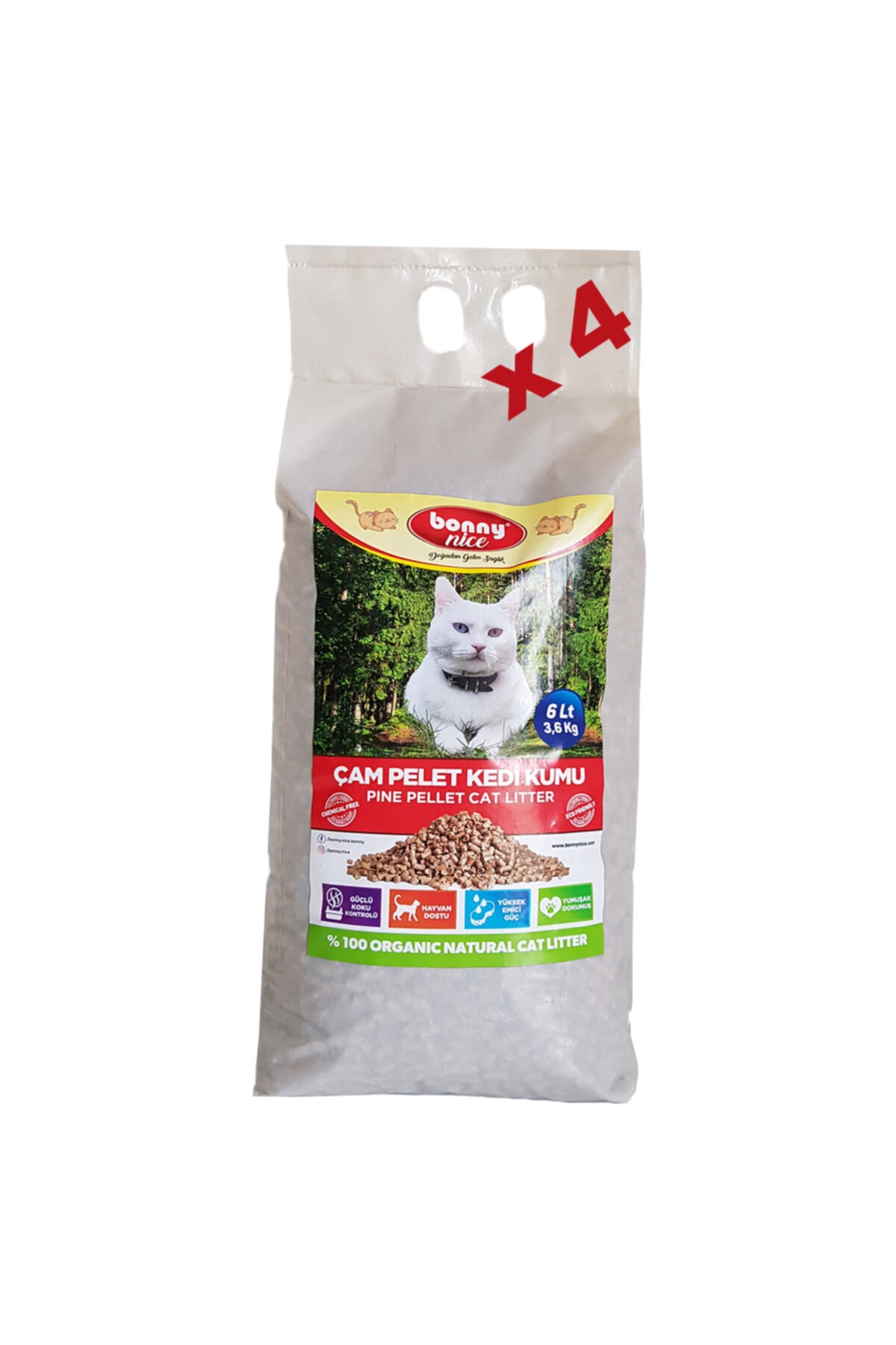 Bonny Nice Organik Kedi Kumu Çam Pellet 3.6 Kg 6 L X 4 Paket