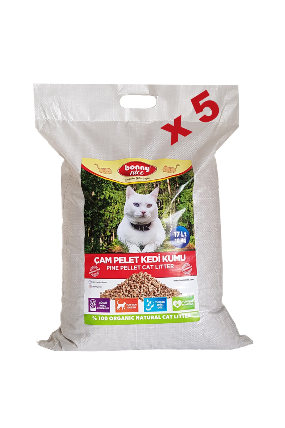 Bonny Nice Organik Kedi Kumu Çam Pellet 10 Kg 17 L X 5 Paket