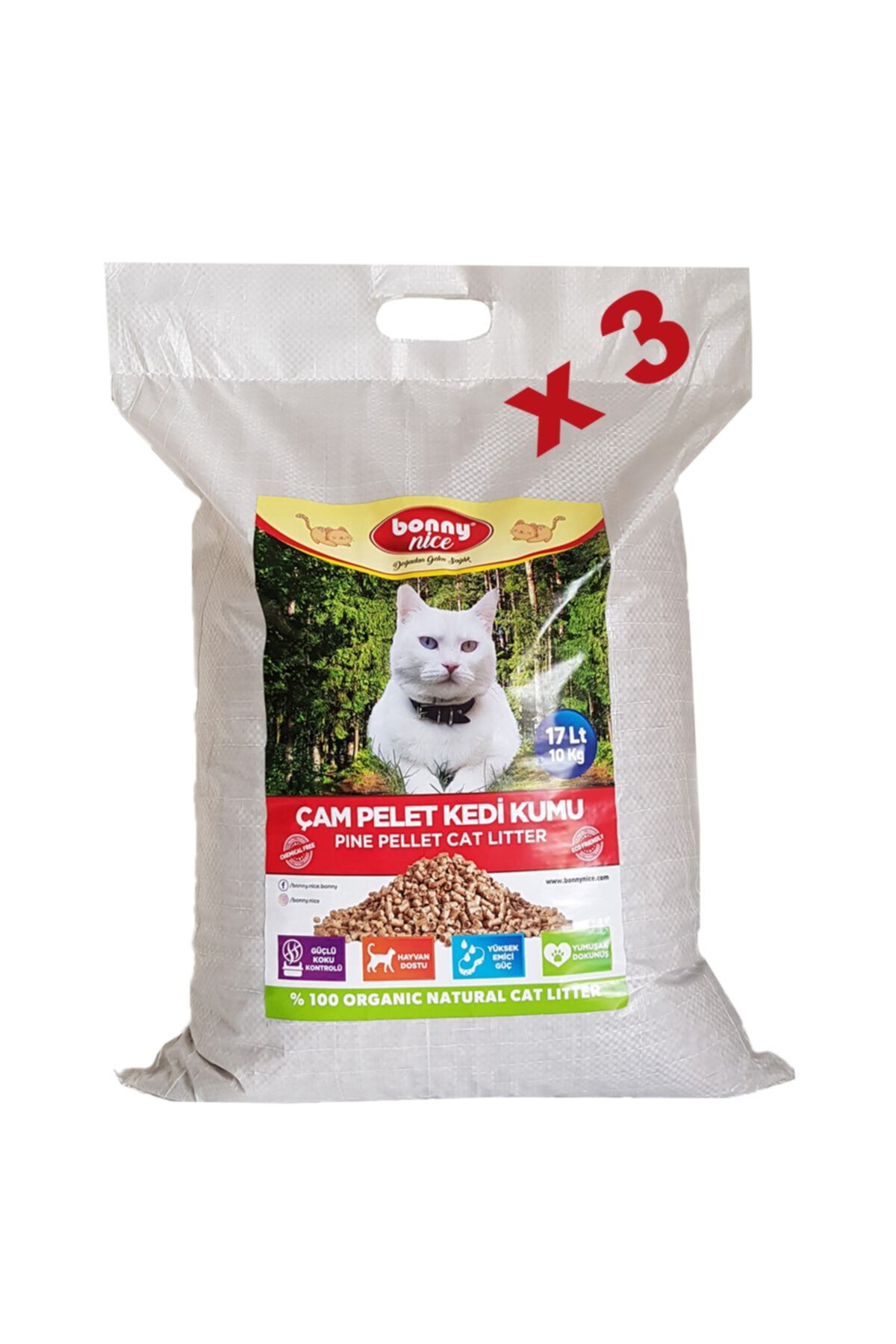 Bonny Nice Organik Kedi Kumu Çam Pellet 10 Kg 17 L X 3 Paket