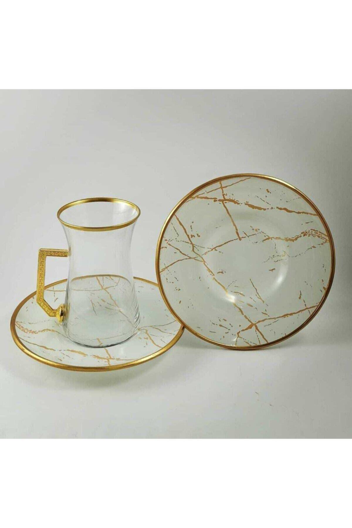Turkuaz Crystal 12 Parça Beyaz Mermer Desen Çay Takımı Seti