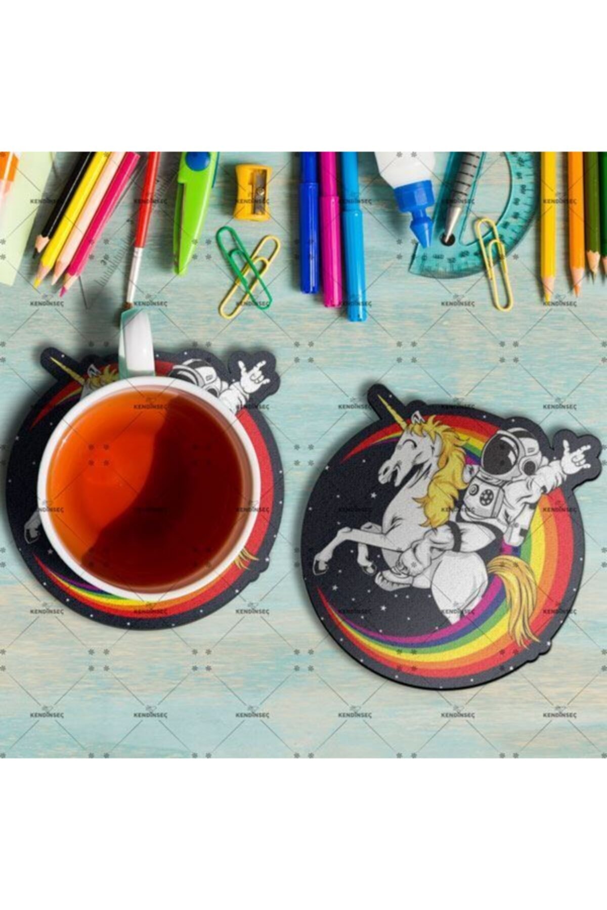 Lego Tasarım Unicornlu Astronot Baskılı Ahşap Bardak Altlığı