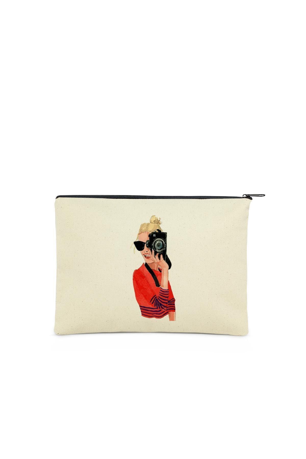 Çınar Bez Çanta Clutch Fotoğrfçı Sarışın Kız Kanvas Makyaj Çantası
