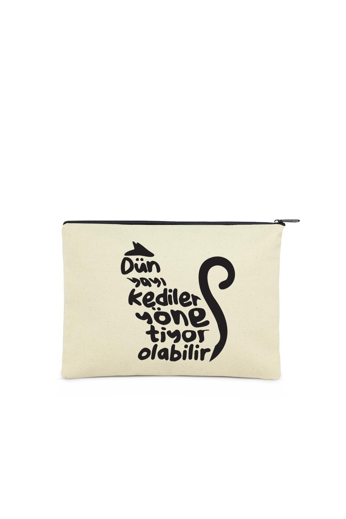 Çınar Bez Çanta Clutch Dünyayı Kediler Yönetiyor Kanvas Makyaj Çantası