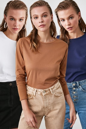 TRENDYOLMİLLA &Ccedil;ok Renkli 3'l&uuml; Paket Bisiklet Yaka Basic &Ouml;rme T-Shirt TWOAW21TS0093