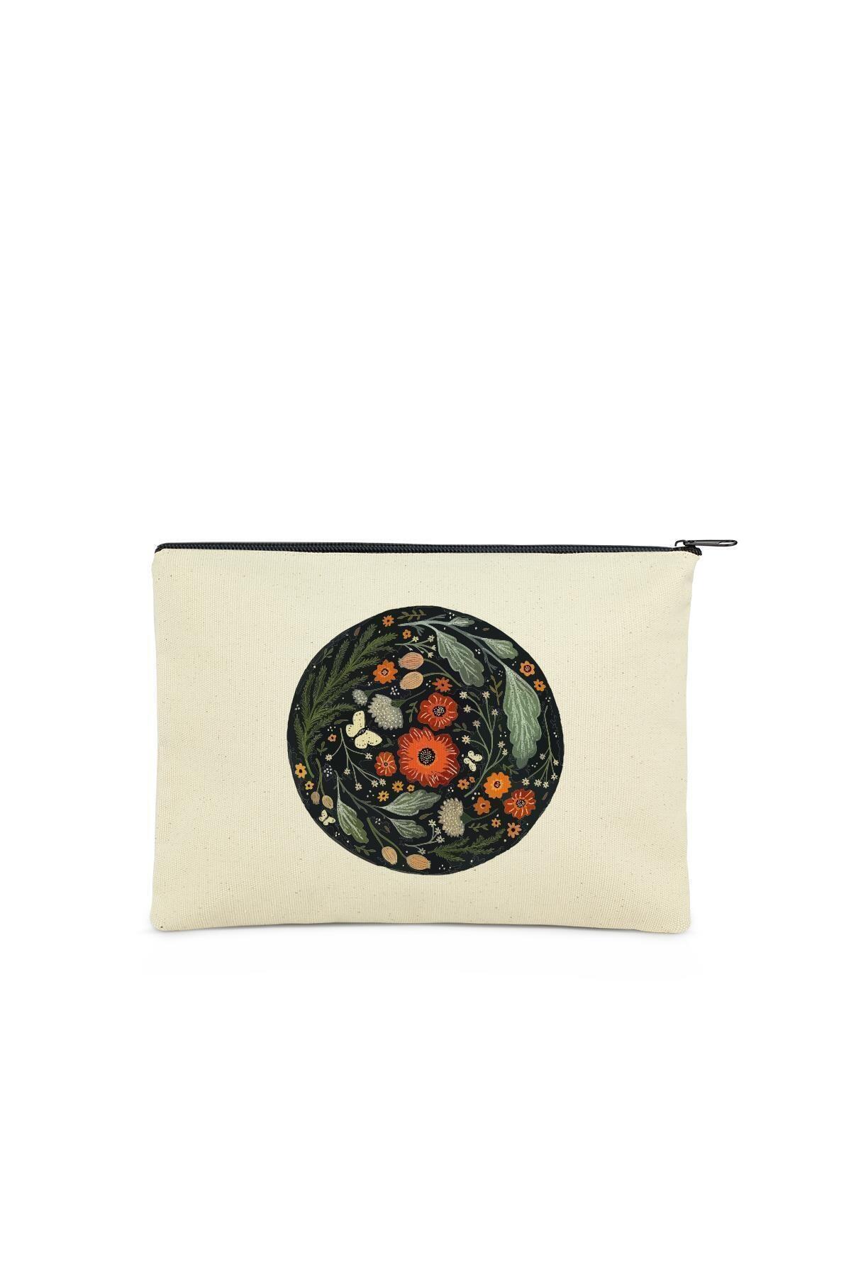 Çınar Bez Çanta Clutch Çember Çiçek Kanvas Makyaj Çantası