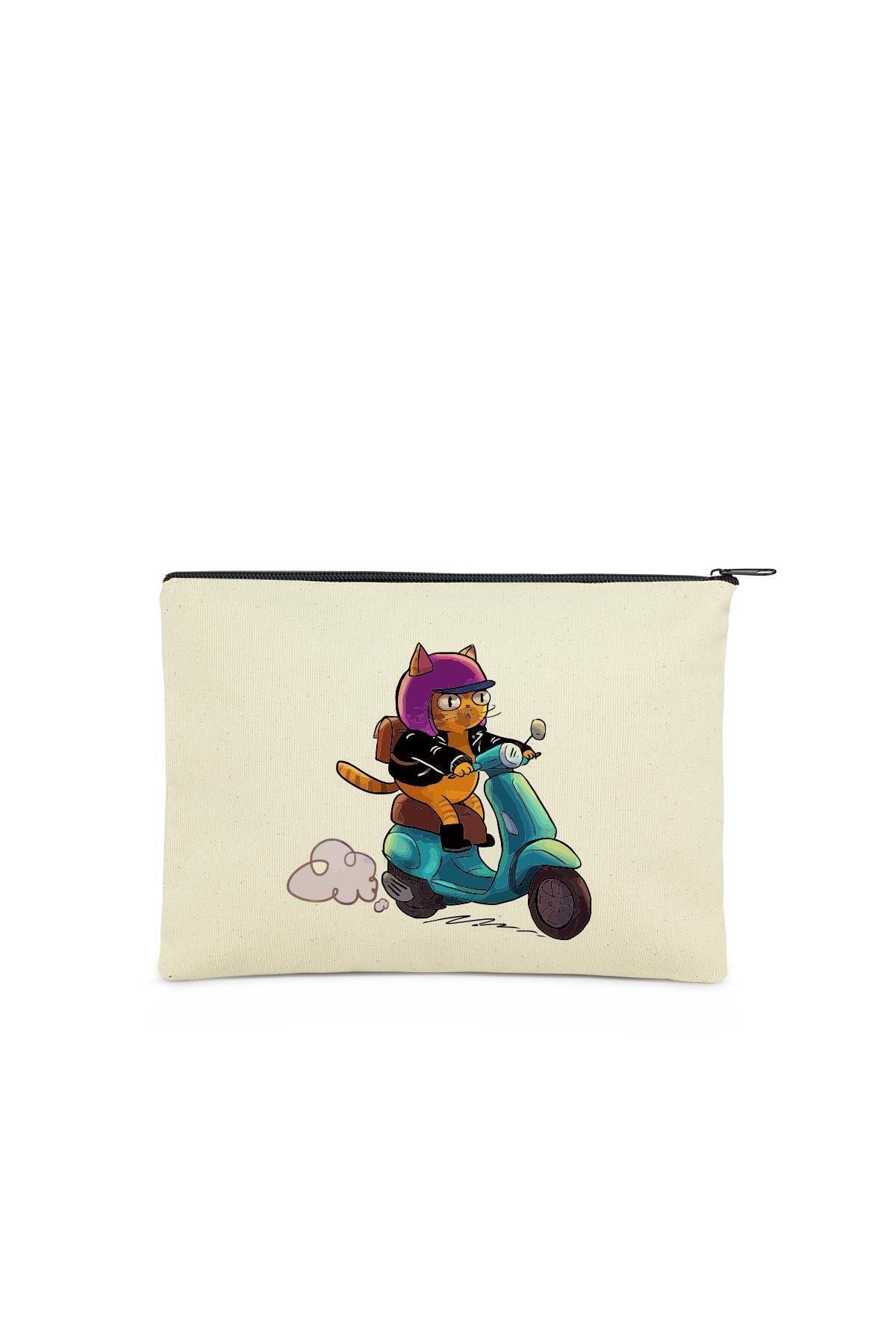 Çınar Bez Çanta Clutch Biker Cat Kanvas Makyaj Çantası