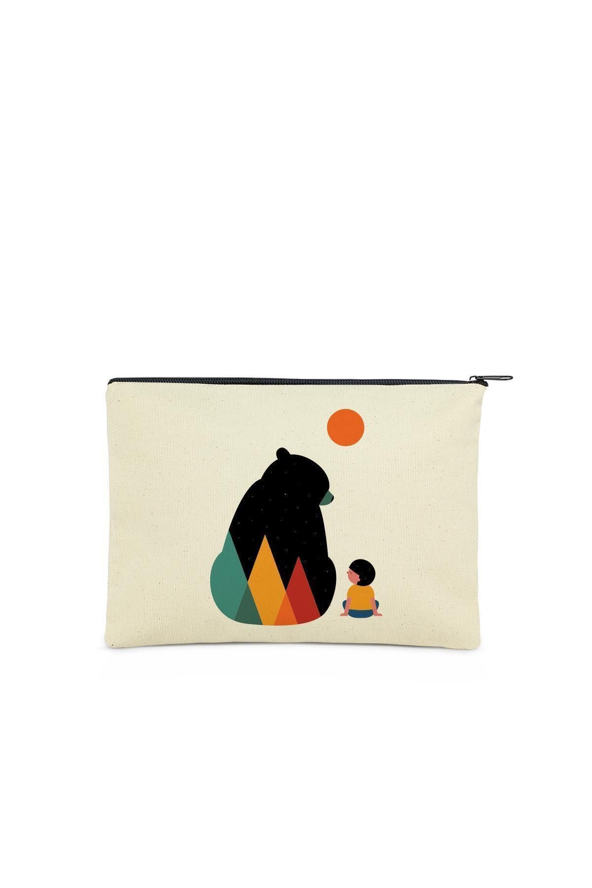 Çınar Bez Çanta Clutch Ayı Ve Çocuk Kanvas Makyaj Çantası