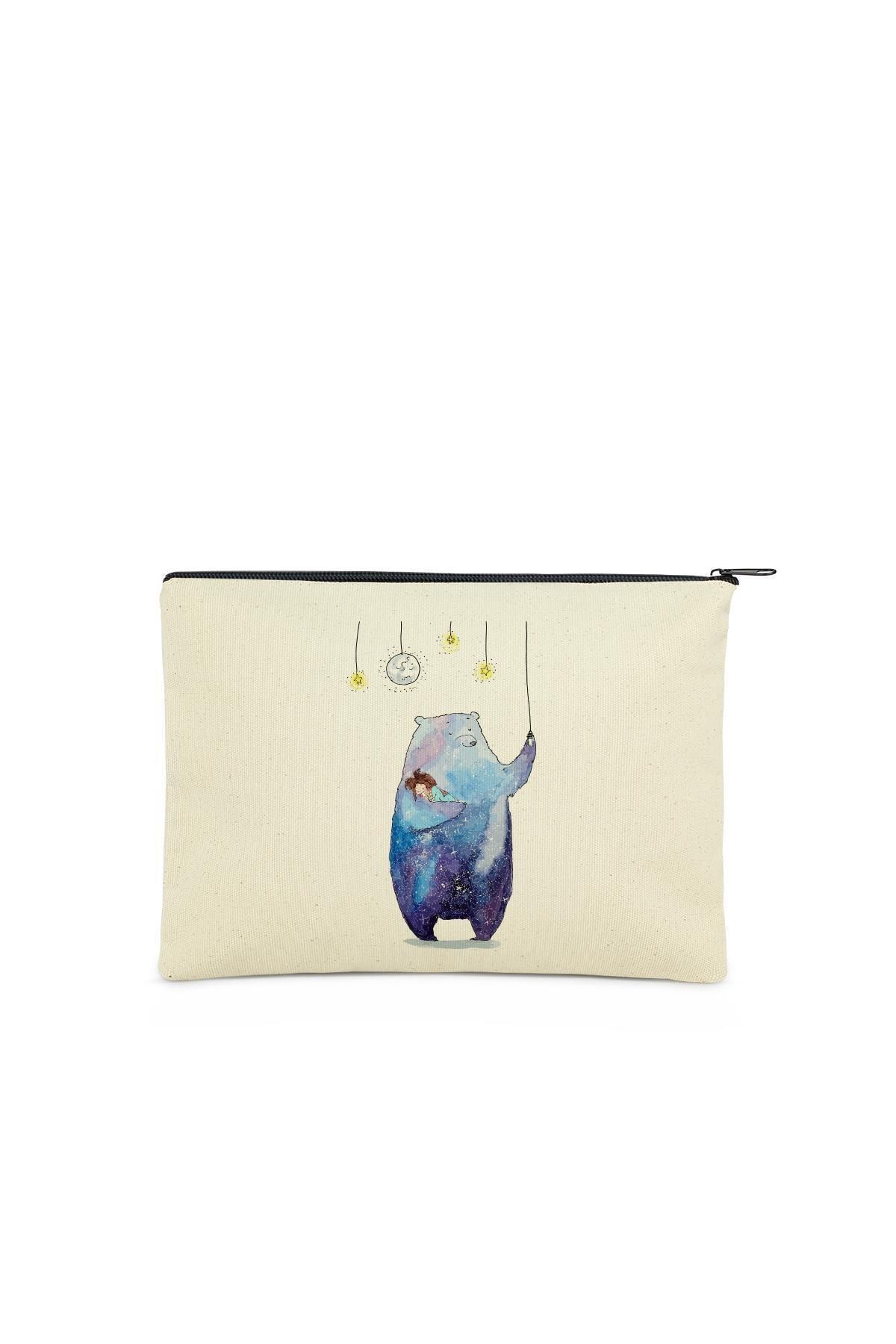 Çınar Bez Çanta Clutch Ayı Kucağındaki Kız Kanvas Makyaj Çantası