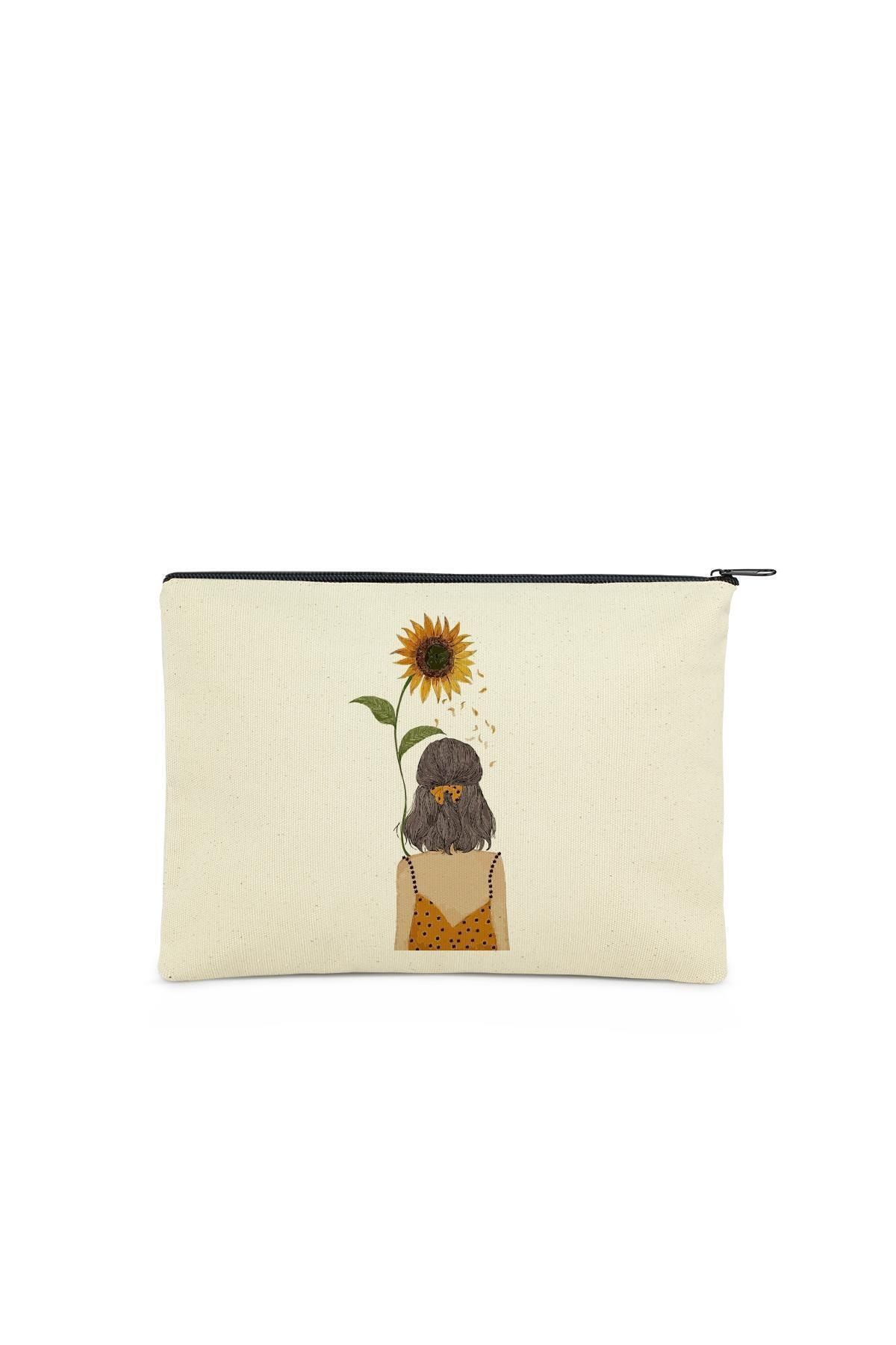 Çınar Bez Çanta Clutch Ayçiçekli Kız Kanvas Makyaj Çantası