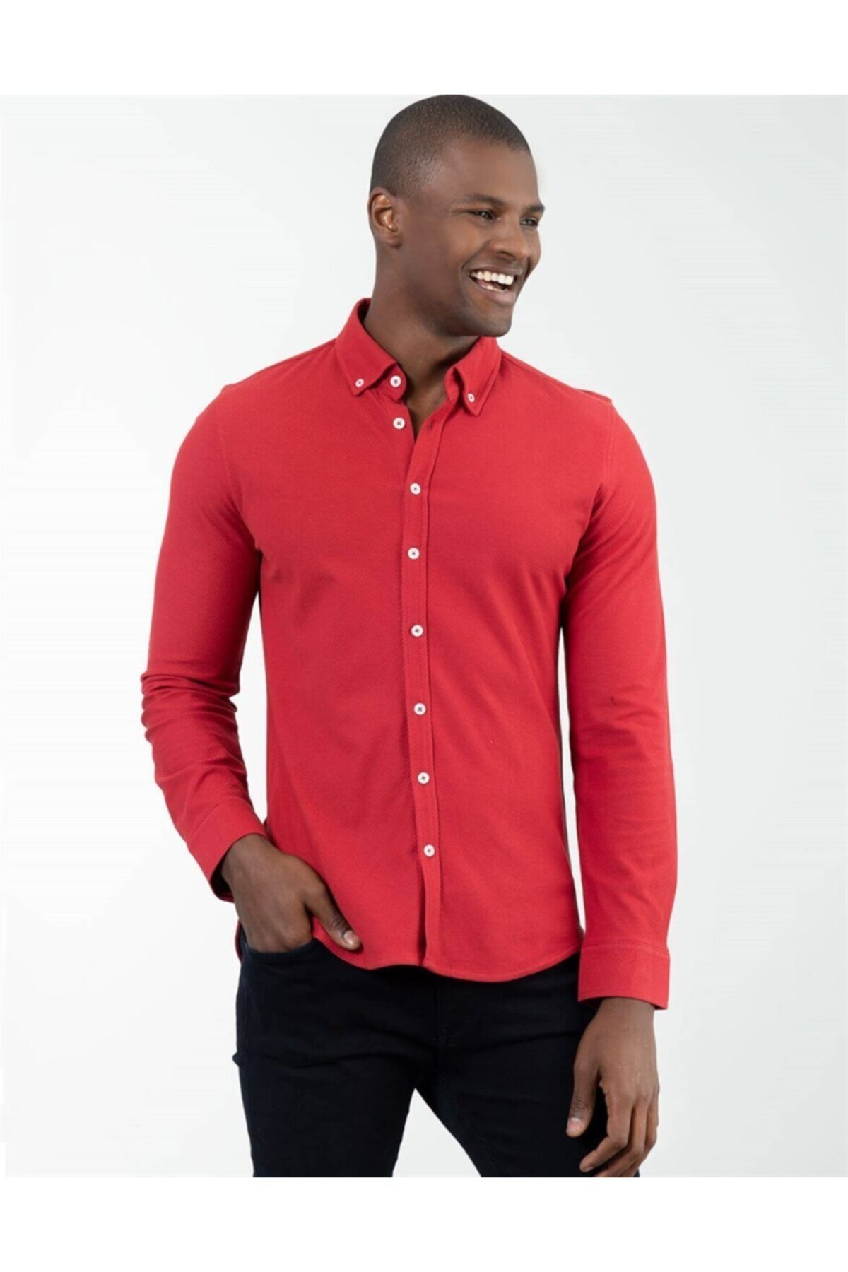 Tudors Erkek Kirmizi Slim Fit Penye Gomlek Trendyol