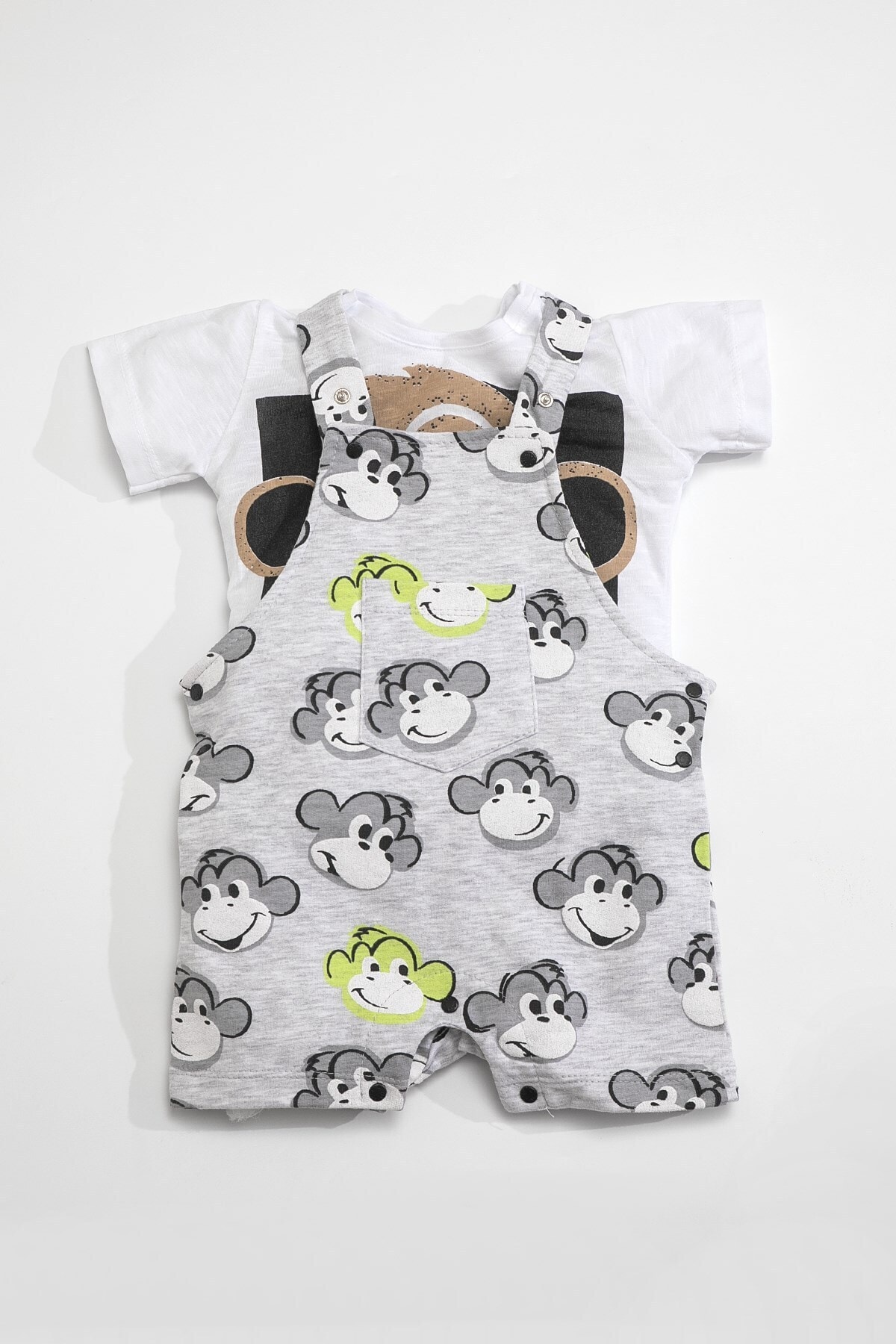 Luggi Baby Kız Erkek Bebek Beyaz Gri Maymunlu T-shirt ve  Şort Salopet Takım 5093