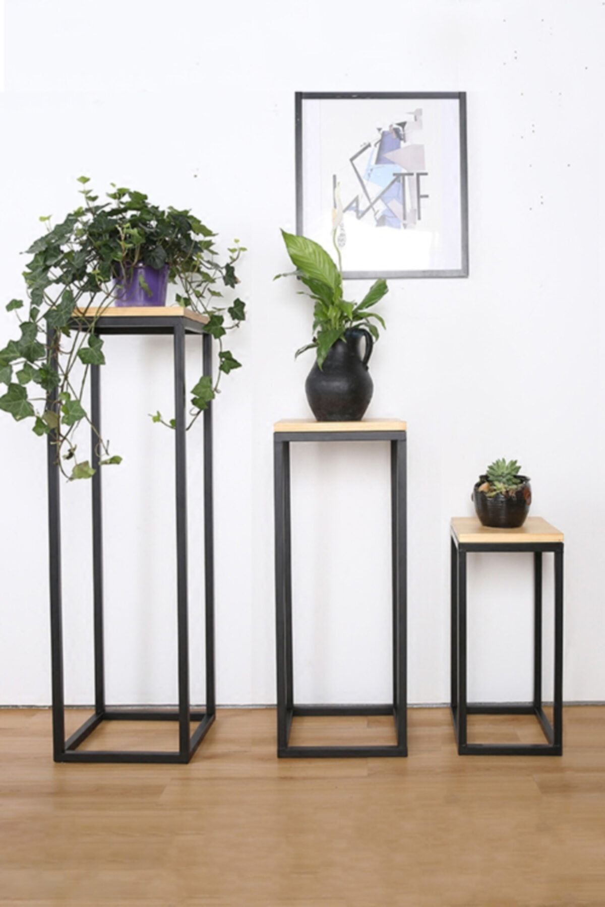 Morpanya Saksılık Modern Çiçeklik 3 Lü Dekoratif Saksı Standı Metal Çiçek Rafı