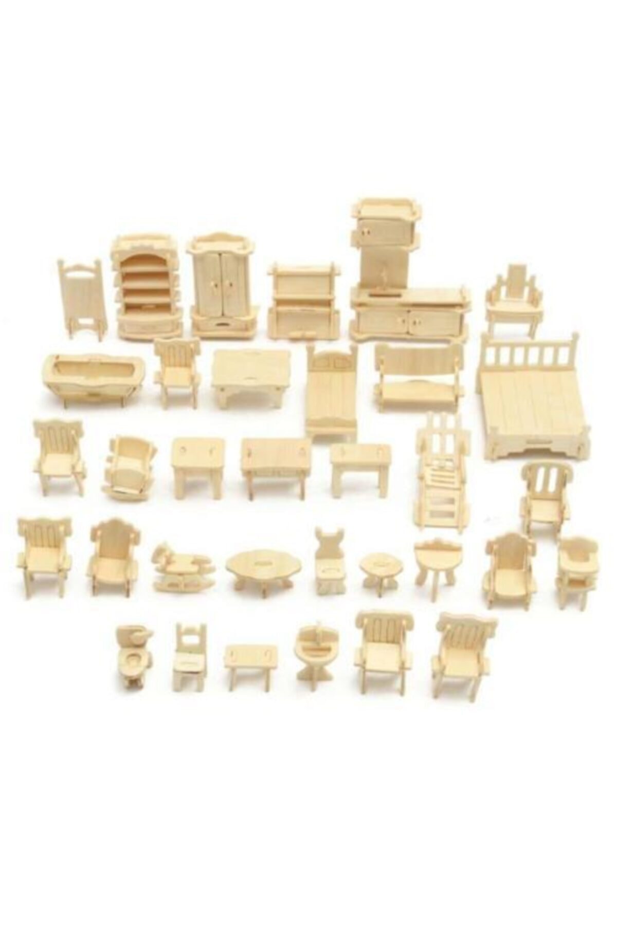 TK WOOD CRAFTS 184 Parça Boyanabilir Doğal Ahşap 3d Maket Minyatür Mobilya Seti
