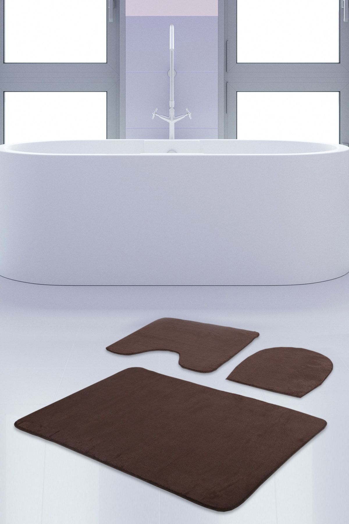 Bonny Home Unicolor Düz Kahve 3lü Banyo Paspası Halısı Seti Kaymaz Klozet Takımı
